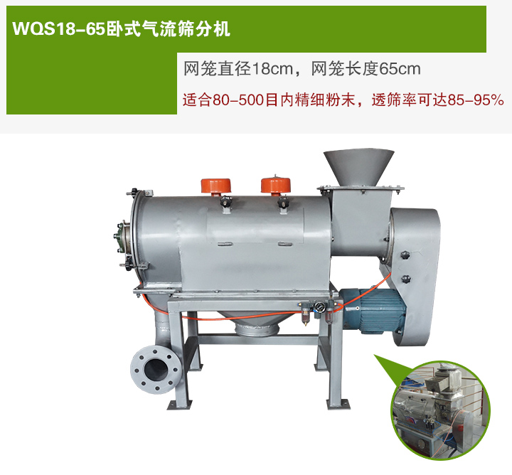 WQS18-65臥式氣流篩分機(jī)網(wǎng)籠直徑為18cm，網(wǎng)籠長度為65cm